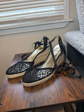 NWOT Black Lace Espadrille Wedge Sandals with Ankle Tie